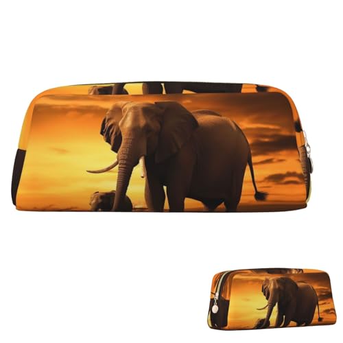 Leder-Federmäppchen, niedliches Federmäppchen mit Reißverschluss, ästhetisches Stifteetui, Sonnenuntergang, Eltern-Kind-Elefant, Kosmetiktasche für Männer und Frauen, gold, Einheitsgröße Leder-Federmäppchen, niedliches Federmäppchen mit Reißverschluss, ästhetisches Stifteetui, Sonnenuntergang, Eltern-Kind-Elefant, Kosmetiktasche für Männer und Frauen, gold, Einheitsgröße von LPSRTWE