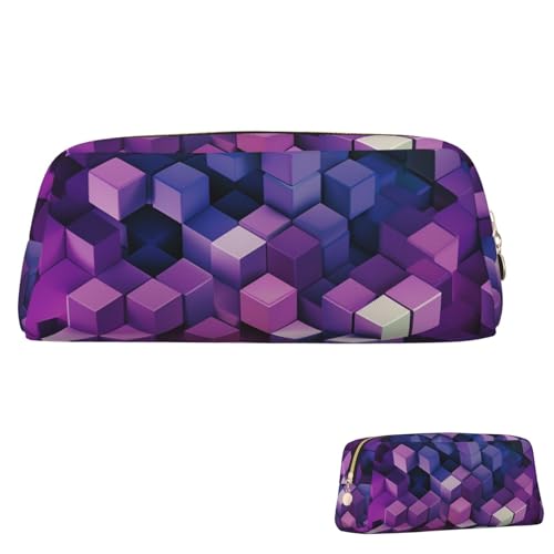 Leder-Federmäppchen, niedliches Federmäppchen mit Reißverschluss, ästhetisches Stifteetui, abstrakte Farbwürfel, violett, Kosmetiktasche für Damen und Herren, gold, Einheitsgröße von LPSRTWE