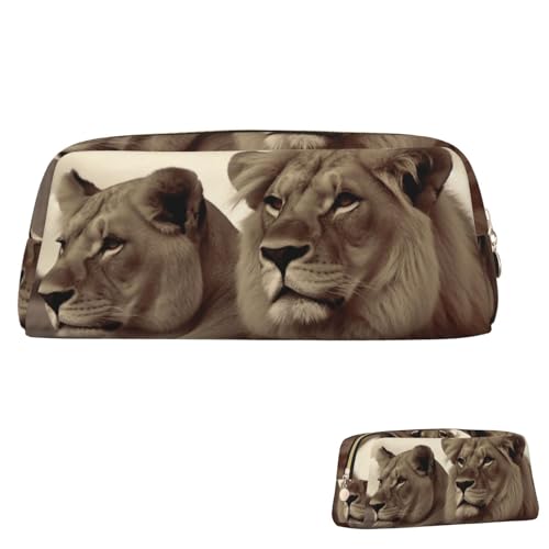 Leder-Federmäppchen, niedliches Federmäppchen mit Reißverschluss, ästhetisches Stifteetui, afrikanischer Löwe und Löwin, Kosmetiktasche für Damen und Herren, gold, Einheitsgröße von LPSRTWE