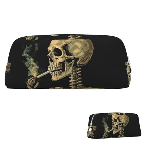 Leder-Federmäppchen, niedliches Federmäppchen mit Reißverschluss, ästhetisches Stifteetui, ein Skelett mit brennender Zigarette, Kosmetiktasche, Make-up-Tasche für Männer und Frauen von LPSRTWE