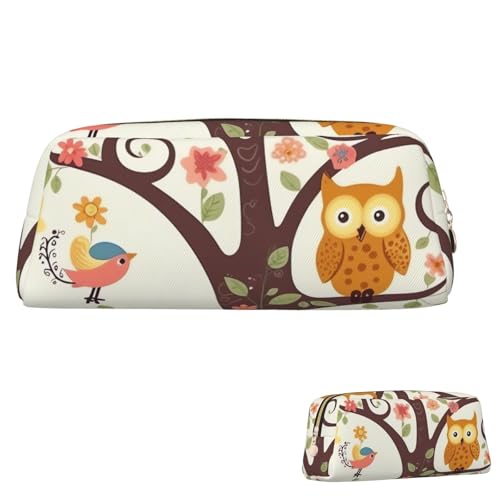 Leder-Federmäppchen, niedliches Federmäppchen mit Reißverschluss, ästhetisches Stifteetui, niedliches Cartoon-Eulen-Baum, Blumen und Eichhörnchen, Kosmetiktasche für Damen und Herren, gold von LPSRTWE