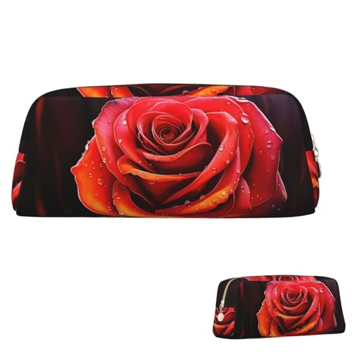 Leder-Federmäppchen, niedliches Federmäppchen mit Reißverschluss, ästhetisches Stifteetui, rote Rose, Kunst, Kosmetiktasche, Make-up-Tasche für Männer und Frauen, gold, Einheitsgröße Leder-Federmäppchen, niedliches Federmäppchen mit Reißverschluss, ästhetisches Stifteetui, rote Rose, Kunst, Kosmetiktasche, Make-up-Tasche für Männer und Frauen, gold, Einheitsgröße von LPSRTWE