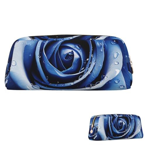 Leder-Federmäppchen, niedliches Federmäppchen mit Reißverschluss, ästhetisches Stifteetui, schöne blaue Rose, Illustration, Kosmetiktasche, Make-up-Tasche für Männer und Frauen, gold, Einheitsgröße von LPSRTWE