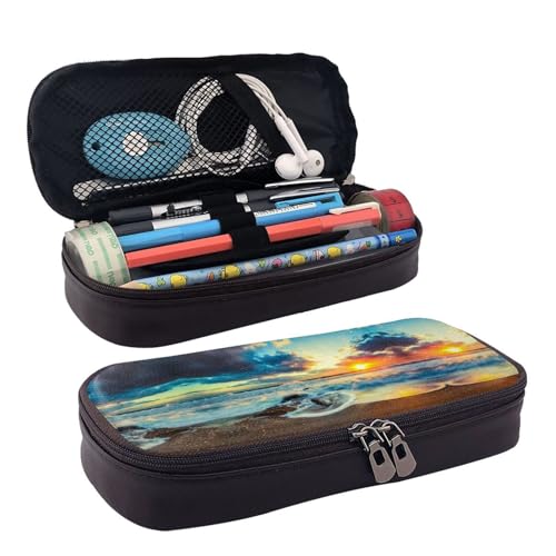 LPWTYCBV Bedrucktes Leder-Federmäppchen mit Reißverschluss, Motiv: Sonnenuntergang am Strand, sehr geeignet für den täglichen Gebrauch., Schwarz , Einheitsgröße, Kosmetiktasche von LPWTYCBV