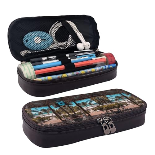 LPWTYCBV Bedrucktes Leder-Federmäppchen mit Strandpalmen und Reißverschluss, sehr geeignet für den täglichen Gebrauch., Schwarz , Einheitsgröße, Kosmetiktasche von LPWTYCBV