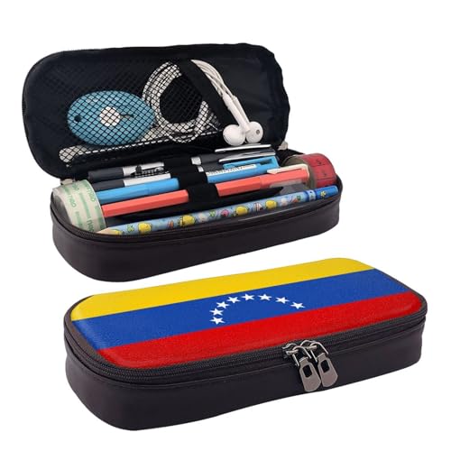 LPWTYCBV Bedrucktes Leder-Federmäppchen mit Venezuela-Flagge und Reißverschluss, sehr geeignet für den täglichen Gebrauch., Schwarz , Einheitsgröße, Kosmetiktasche von LPWTYCBV