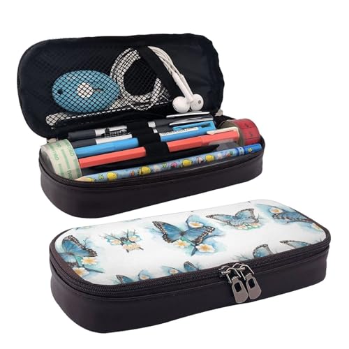 LPWTYCBV Blaues Federmäppchen aus Leder mit Schmetterlingsmotiv auf Blüten und Reißverschluss, sehr geeignet für den täglichen Gebrauch., Schwarz , Einheitsgröße, Kosmetiktasche von LPWTYCBV