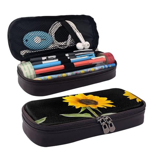 LPWTYCBV Bloom Federmäppchen aus Leder mit Sonnenblumenmotiv und Reißverschluss, sehr geeignet für den täglichen Gebrauch., Schwarz , Einheitsgröße, Kosmetiktasche von LPWTYCBV
