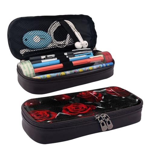 LPWTYCBV Das Federmäppchen aus Leder mit rotem Rosenmuster und Reißverschluss ist sehr geeignet für den täglichen Gebrauch., Schwarz , Einheitsgröße, Kosmetiktasche von LPWTYCBV