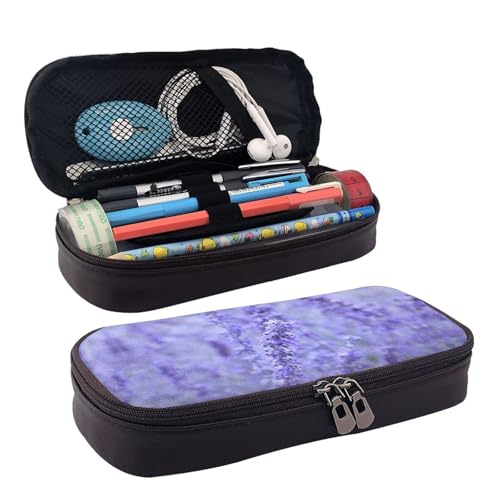 LPWTYCBV Das Federmäppchen aus Leder mit violettem Lavendelmuster und Reißverschluss ist sehr geeignet für den täglichen Gebrauch., Schwarz , Einheitsgröße, Kosmetiktasche von LPWTYCBV