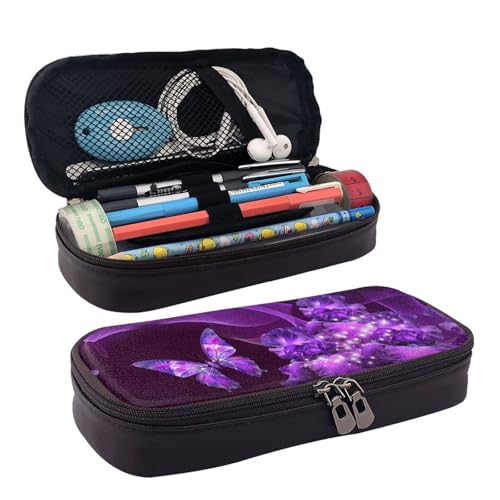 LPWTYCBV Das violette Federmäppchen aus Leder mit Schmetterlingsmotiv und Reißverschluss ist sehr geeignet für den täglichen Gebrauch., Schwarz , Einheitsgröße, Kosmetiktasche von LPWTYCBV