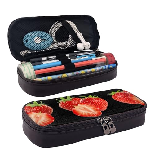 LPWTYCBV Federmäppchen aus Leder mit Erdbeermotiv und Reißverschluss, sehr geeignet für den täglichen Gebrauch., Schwarz , Einheitsgröße, Kosmetiktasche von LPWTYCBV
