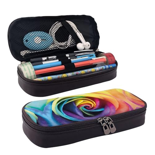 LPWTYCBV Federmäppchen aus Leder mit Regenbogen-Rosen-Motiv und Reißverschluss, sehr geeignet für den täglichen Gebrauch., Schwarz , Einheitsgröße, Kosmetiktasche von LPWTYCBV