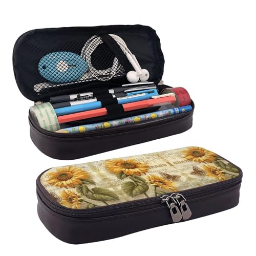LPWTYCBV Federmäppchen aus Leder mit Retro-Sonnenblumen-Motiv, mit Reißverschluss, sehr geeignet für den täglichen Gebrauch., Schwarz , Einheitsgröße, Kosmetiktasche von LPWTYCBV