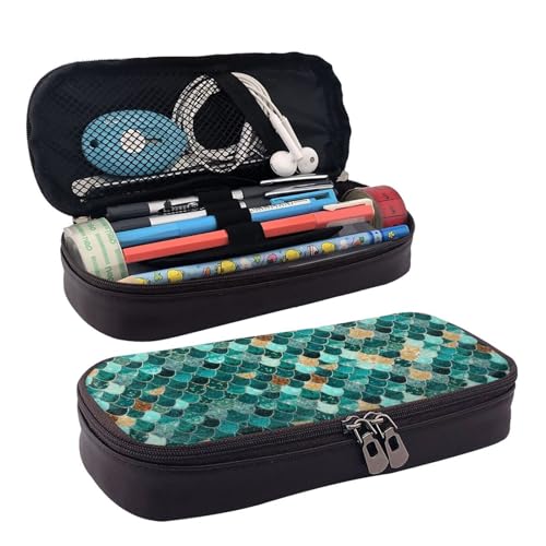 LPWTYCBV Federmäppchen aus bedrucktem Leder mit Meerjungfrauen-Motiv und Fischschuppen-Aufdruck und Reißverschluss, sehr geeignet für den täglichen Gebrauch., Schwarz , Einheitsgröße, Kosmetiktasche von LPWTYCBV