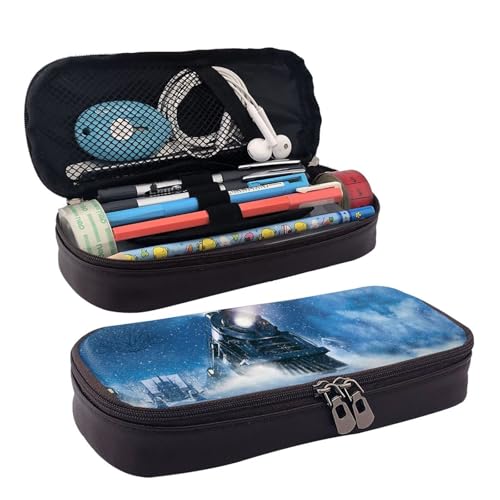 LPWTYCBV Federmäppchen aus bedrucktem Leder mit Reißverschluss für Winter, Weihnachten, Schnee, Nacht, Eisenbahn, Zug, sehr geeignet für den täglichen Gebrauch., Schwarz , Einheitsgröße von LPWTYCBV