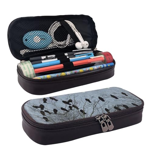 LPWTYCBV Schwarzes Federmäppchen aus Leder mit Krähenvögeln und Reißverschluss, sehr geeignet für den täglichen Gebrauch., Schwarz , Einheitsgröße, Kosmetiktasche von LPWTYCBV