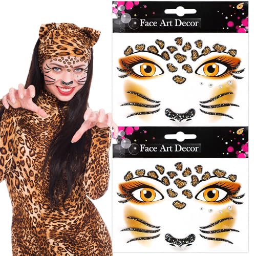 LPZMPZ 2 Stück Tattoo Gesicht Gesichtstattoo Leopard Sticker Leopard Gesichtstattoo Karneval Leopard Schminke für Fasching, Karneval, Halloween und Motto Partys von LPZMPZ
