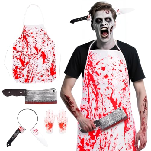 LPZMPZ Halloween Schlächter Metzger Kostüm Messer Haarband mit Blutige Schürze Halloween Butcher Schlachter Blut Metzgerkostüm Horror Haarreif Kleidungsset Herren Metzger Kostüm Set von LPZMPZ