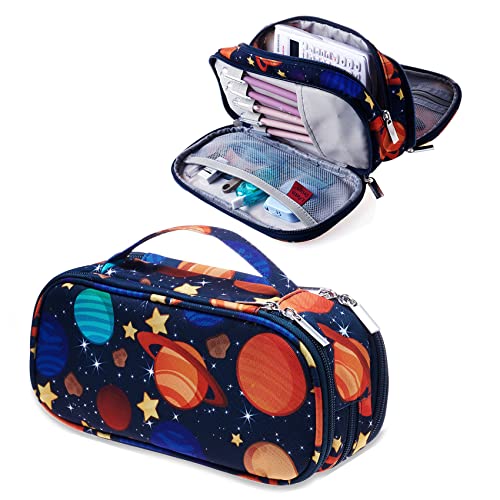 LParkin Galaxy Federmäppchen für Jungen, super große Kapazität, 3 Fächer, Space Galaxy, Geschenke für Studenten, Teenager, Jungen, Make-up-Tasche, dunkelblau, 9.5” x 4.5” x 3”, Kosmetikkoffer von LParkin