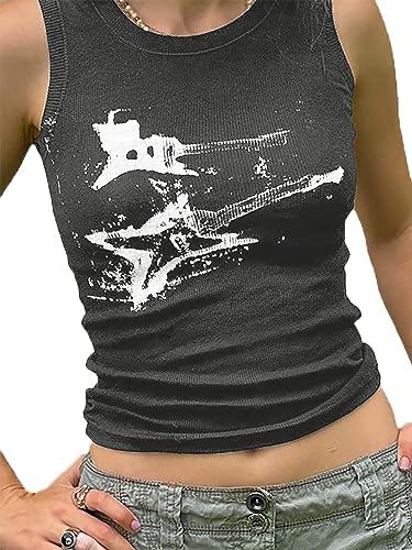 LQI Damen Tank Tops Gitarre Gerippt Sommer Tops Ärmellos Y2K Crop Tops, C Grau, Groß von LQI