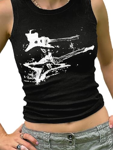 LQI Damen Tank Tops Gitarre Gerippt Sommer Tops Ärmellos Y2K Crop Tops, C Schwarz, Klein von LQI
