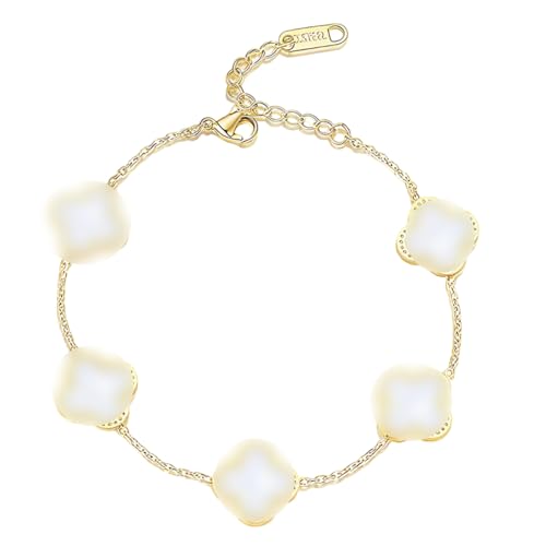 LQIOACU 1 Stück Armband Damen Vierblättriges Kleeblatt Armband Set Armband Edelstahl Verstellbare Glücksbringer, Armbänder Damen, Schmuck Geschenk für Frauen Mädche, Weiß von LQIOACU