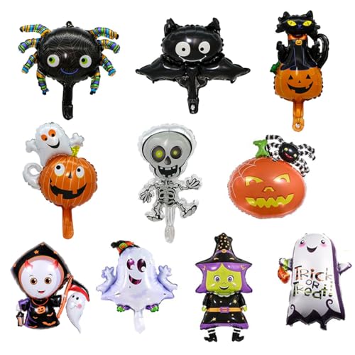 LQIOACU 10 Stück Halloween Folienballon Set, Mini Luftballon Geist Spinne Kürbis Katze Hexe Monster Totenkopf Halloween Deko Ballon für Kinder Gruselig Trick or Treat Party Dekoration von LQIOACU