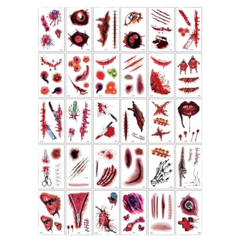 LQIOACU 30 Stück Blatt Halloween Tattoo Stickers,Halloween Narbe Temporäre Blutige Wunde Tattoo Aufkleber, Zombie Makeovers für Vampir Zombie Cosplay Masquerade Prank Makeup Dekorationen von LQIOACU