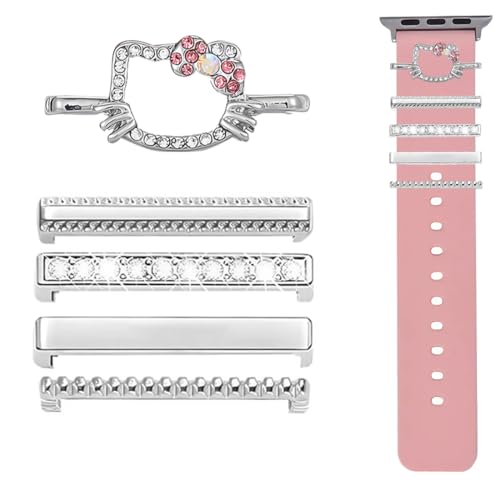 LQIOACU 5 Stück Appl e watch charms Kitty, Charms für Appl e watch Armband, Armbandzubehör aus Edelstahlmetall und Silikon, Rosa, Größe A, Glamour-Design, Schnalle, wasserdicht, Uhrenarmbandzubehör von LQIOACU
