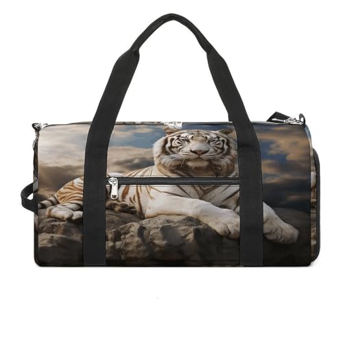 Fitness Tasche, Majestic Tiger ruht auf einem Felsen mit Wolkendruck wiederverwendbar Turnbeutel Sport Reise Fitness Tasche Essentials Turnbeutel mit Schuhfach, Style, One Size, Stil:, Einheitsgröße Fitness Tasche, Majestic Tiger ruht auf einem Felsen mit Wolkendruck wiederverwendbar Turnbeutel Sport Reise Fitness Tasche Essentials Turnbeutel mit Schuhfach, Style, One Size, Stil:, Einheitsgröße von LQPMNK