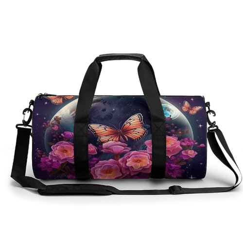 Fitness Tasche, Mond Blumen und Schmetterlinge Druck Wiederverwendbare Turnbeutel Sport Reise Fitness Tasche Essentials Gym Bag mit Schuhfach, Stil, 45.0 cm/22.9 cm/22.9 cm/22.9 cm, Stil:, von LQPMNK