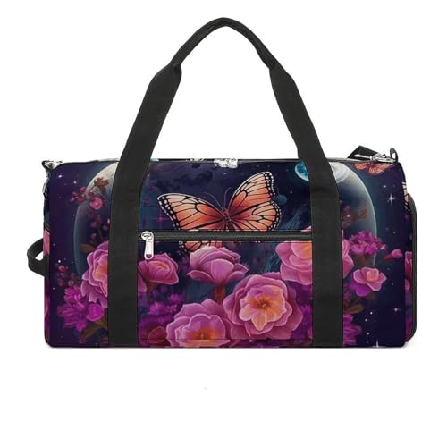 Fitness Tasche, Mond Blumen und Schmetterlinge Druck Wiederverwendbare Turnbeutel Sport Reise Fitness Tasche Essentials Gym Bag mit Schuhfach, Style, One Size, Stil:, Einheitsgröße von LQPMNK