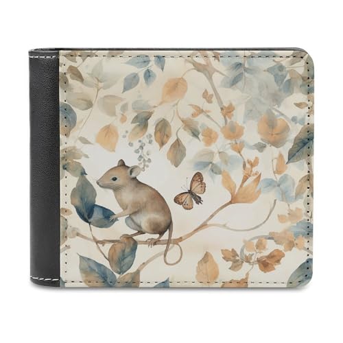 Geldbörse aus PU-Leder, Mäuse und Blätter, bedruckt, mit mehreren Steckplätzen, elegante Geldbörse, Business-Geldbörse, Reisebrieftasche, Bifold-Brieftasche, Stil, Einheitsgröße, minimalistisch, von LQPMNK