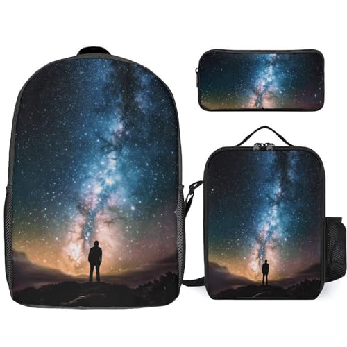 LQPMNK 3-in-1-Rucksack-Kombi-Set, Mann schaut nach oben, Universum Nacht, bedruckter Rucksack und Lunch-Tasche Rucksack mit Lunchtasche, 3-teiliges Set, Rucksack, Lunchtaschenkombination, Stil, von LQPMNK