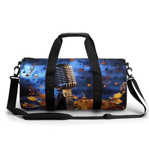 LQPMNK Fitness Tasche, Mikrofon mit Musiknoten Druck Wiederverwendbare Turnbeutel Sport Reise Fitness Tasche Essentials Gym Bag mit Schuhfach, 45.0 cm/22.9 cm/22.9 cm/22.9 cm, Style, Style, 45.0 von LQPMNK