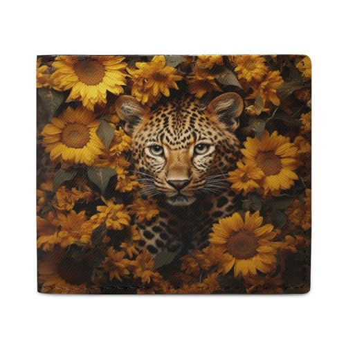 LQPMNK Geldbörse aus PU-Leder, Leoparden- und Sonnenblumen-Druck, mit mehreren Steckplätzen, elegante Geldbörse, Business-Geldbörse, Reisebrieftasche, Bifold-Brieftasche, Stil, Einheitsgröße, von LQPMNK