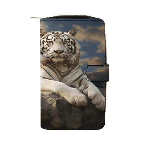 LQPMNK Geldbörse aus PU-Leder, Majestätischer Tiger, der auf einem Felsen ruht, mit bewölktem Druck, Geldbörse mit mehreren Fächern, elegante Geldbörse, Business-Geldbörse, Reisebrieftasche, Bifold von LQPMNK