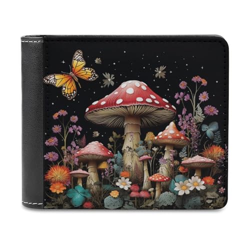 LQPMNK Geldbörse aus PU-Leder, Pilze und Schmetterlinge, bedruckt, mit mehreren Steckplätzen, elegante Geldbörse, Business-Geldbörse, Reisebrieftasche, Bifold Wallet, Stil, Einheitsgröße, von LQPMNK