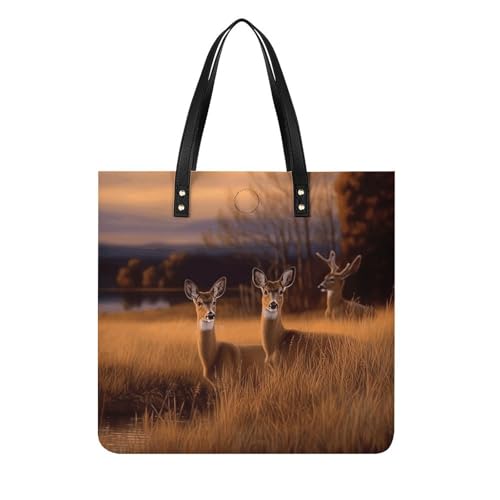 LQPMNK Leder-Tragetasche, Natur, Wildtiere, Hirsche, Druck, Damenhandtasche, modische Lederhandtasche, strapazierfähige Ledertasche, stilvolle Tragetasche, Lederhandtaschen, 39 x 39 cm von LQPMNK