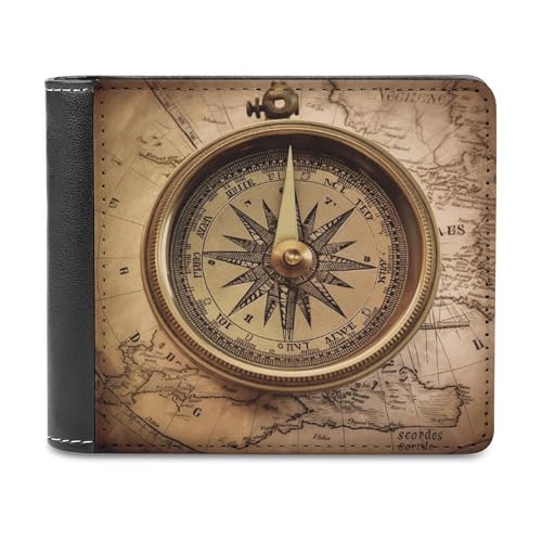 LQPMNK PU Leder Geldbörse Kompass Navigation Druck Geldbörse mit mehreren Steckplätzen Elegante Brieftasche Business Wallet Travel Wallet Bifold Wallet Stil One Size Minimalistisch, Stil:, von LQPMNK