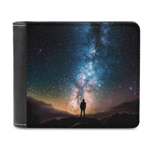 LQPMNK PU Leder Geldbörse Mann schaut nach oben Universum Nacht Druck Geldbörse mit mehreren Steckplätzen Elegante Brieftasche Business Wallet Reisebrieftasche Bifold Wallet Stil One Size von LQPMNK