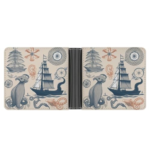 LQPMNK PU Leder Geldbörse Segelboot Muscheln Octopus Print Geldbörse mit mehreren Steckplätzen Elegante Brieftasche Business Wallet Reisebrieftasche Bifold Wallet Stil One Size Minimalistisch, Stil:, von LQPMNK