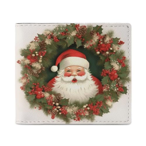 LQPMNK PU Leder Geldbörse Weihnachten Urlaub Weihnachtsmann Kranz Druck Geldbörse mit mehreren Steckplätzen Elegante Brieftasche Business Wallet Reisebrieftasche Bifold Wallet Stil One Size von LQPMNK