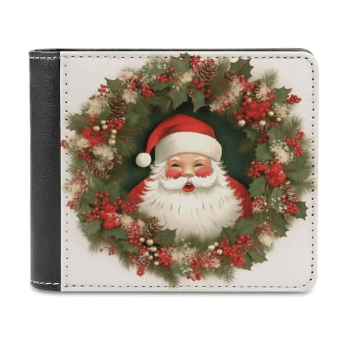LQPMNK PU Leder Geldbörse Weihnachten Urlaub Weihnachtsmann Kranz Druck Geldbörse mit mehreren Steckplätzen Elegante Brieftasche Business Wallet Reisebrieftasche Bifold Wallet Stil One Size von LQPMNK