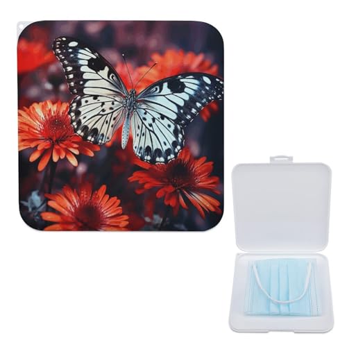 LQPMNK Tragbare Masken-Aufbewahrungsbox, bunte Blumen und Schmetterlinge, leichter Maskenhalter für Einweg- und Stoffmasken – kompaktes und stilvolles Design, Aufbewahrungsbox für Masken, 5.1"x5.1", von LQPMNK