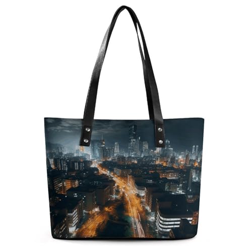 Leder Damen Handtasche, City Night View Print Damen Leder Tote Bag Leder Schultertasche Leder Handtasche Chic Leder Handtaschen Leder Damen Handtasche 29 x 34 x 14 cm von LQPMNK