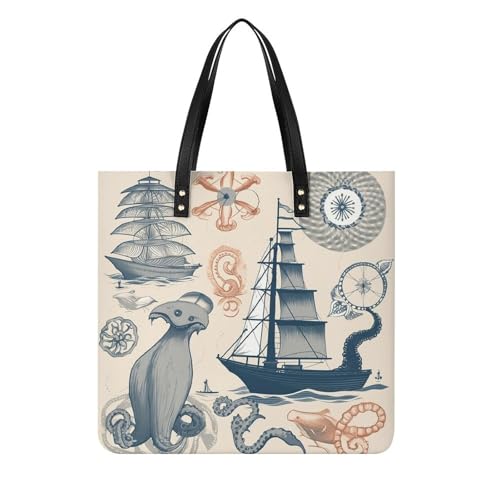 Leder-Tragetasche, Segelboot, Muscheln, Oktopus-Druck, Damenhandtasche, modische Lederhandtasche, strapazierfähige Ledertasche, stilvolle Tragetasche, Lederhandtaschen, 39 x 39 cm von LQPMNK