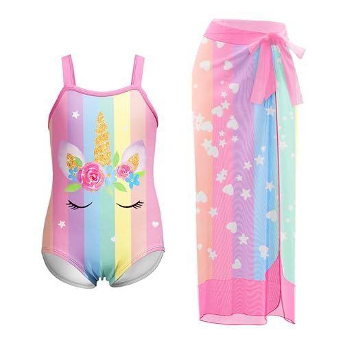 LQSZ Einteiliger Badeanzug für Mädchen mit Strandrock, zweiteiliger Badeanzug, Bademode, 3–12 Jahre, Mehrfarbig, 6-7 Jahre von LQSZ