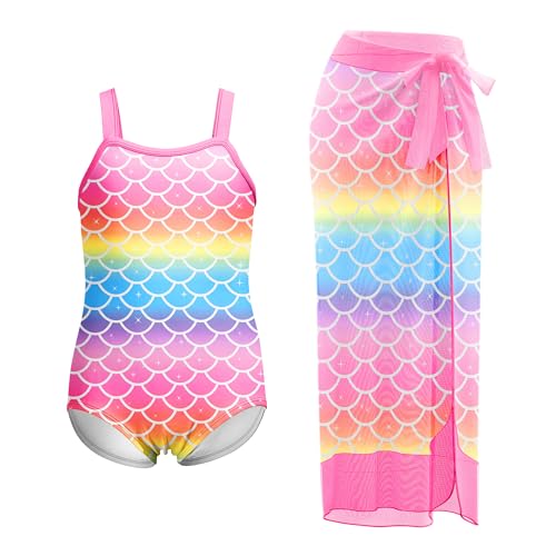 LQSZ Einteiliger Badeanzug für Mädchen mit Strandrock, zweiteiliger Badeanzug, Bademode, 3–12 Jahre, Rosa-Mermaid, 7-8 Jahre von LQSZ